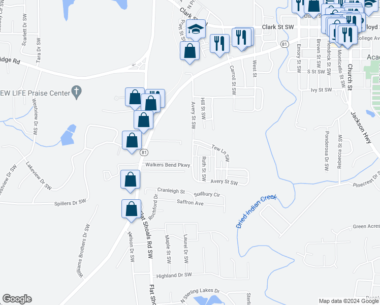 map of restaurants, bars, coffee shops, grocery stores, and more near 6126 Avery Street Southwest in Covington