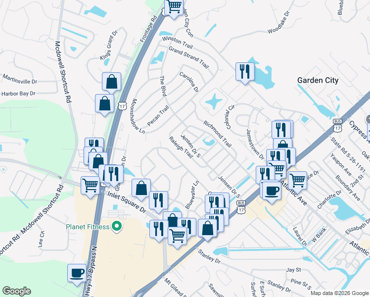 map of restaurants, bars, coffee shops, grocery stores, and more near 728 Raleigh Trail in Murrells Inlet