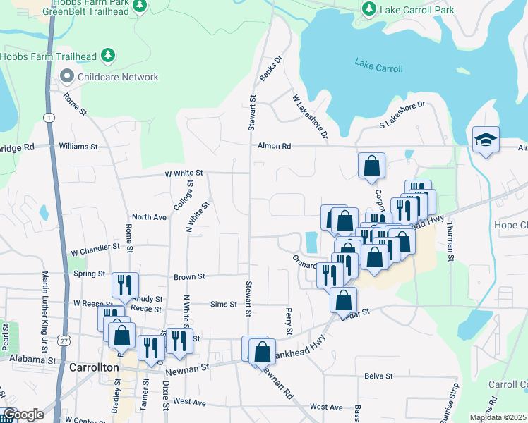 map of restaurants, bars, coffee shops, grocery stores, and more near 407 Stewart Street in Carrollton