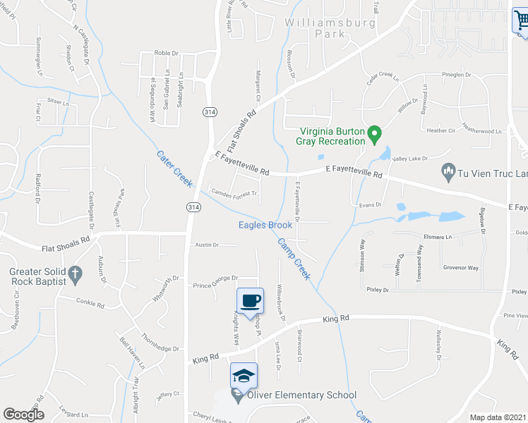 map of restaurants, bars, coffee shops, grocery stores, and more near 6134 Camden Forrest Cove in Riverdale