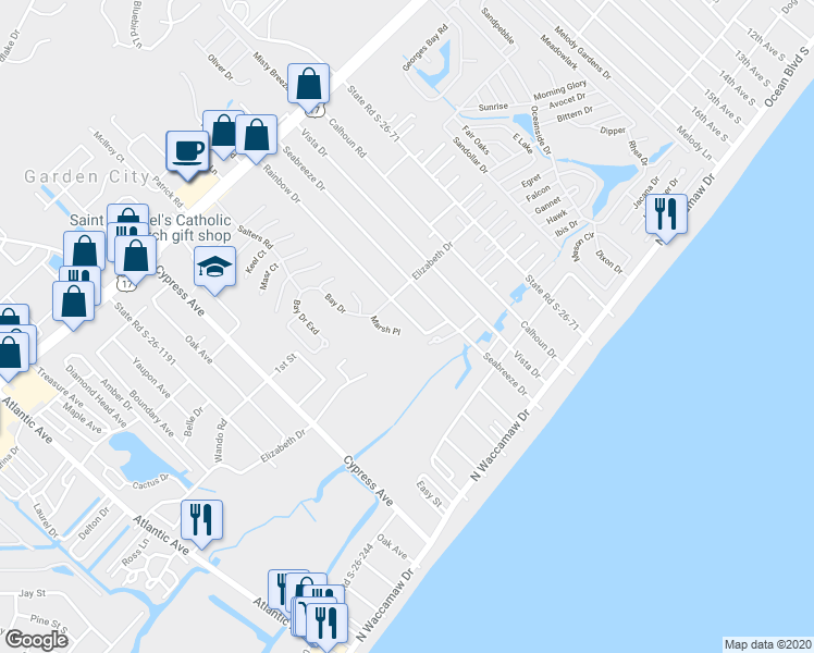 map of restaurants, bars, coffee shops, grocery stores, and more near 361 Rainbow Drive in Murrells Inlet