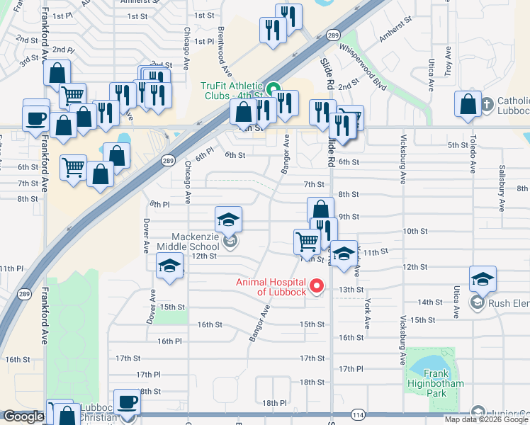 map of restaurants, bars, coffee shops, grocery stores, and more near 808 Bangor Avenue in Lubbock
