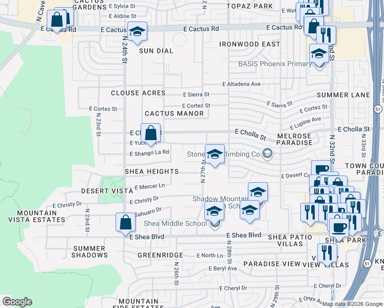map of restaurants, bars, coffee shops, grocery stores, and more near 11201 North 26th Way in Phoenix