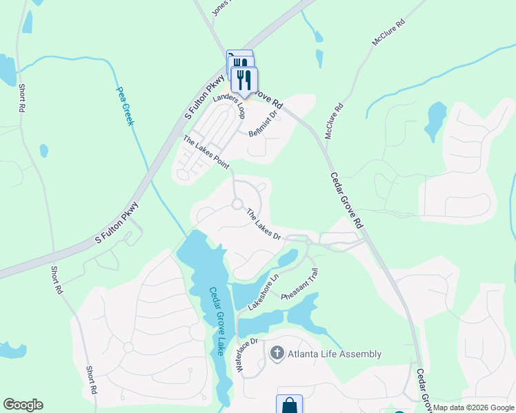map of restaurants, bars, coffee shops, grocery stores, and more near 539 Greyhawk Way in Fairburn