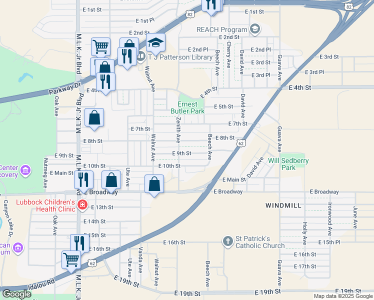 map of restaurants, bars, coffee shops, grocery stores, and more near 2701 East 9th Street in Lubbock