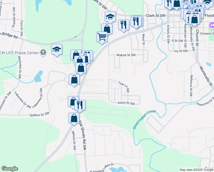 map of restaurants, bars, coffee shops, grocery stores, and more near 6129 Avery Street Southwest in Covington