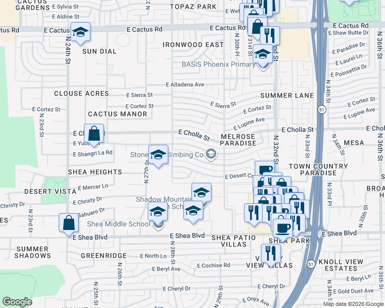 map of restaurants, bars, coffee shops, grocery stores, and more near 2834 East Shangri-La Road in Phoenix