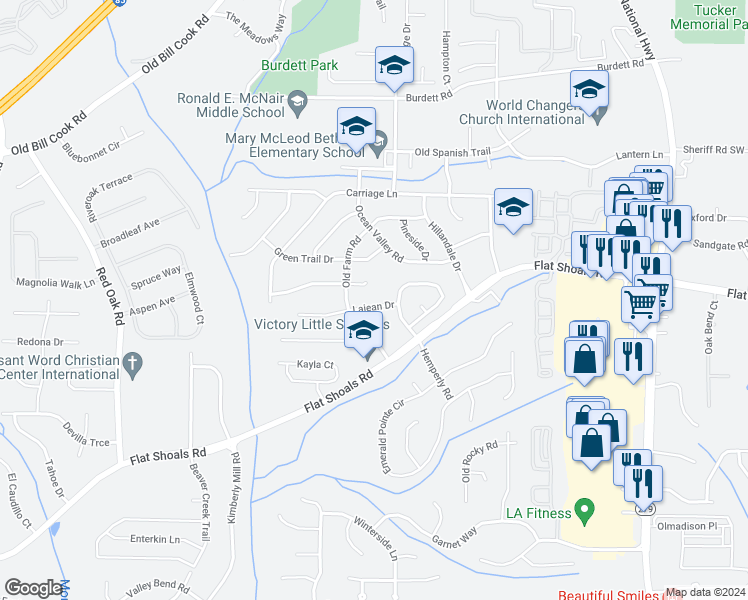 map of restaurants, bars, coffee shops, grocery stores, and more near 2825 Lajean Drive in College Park