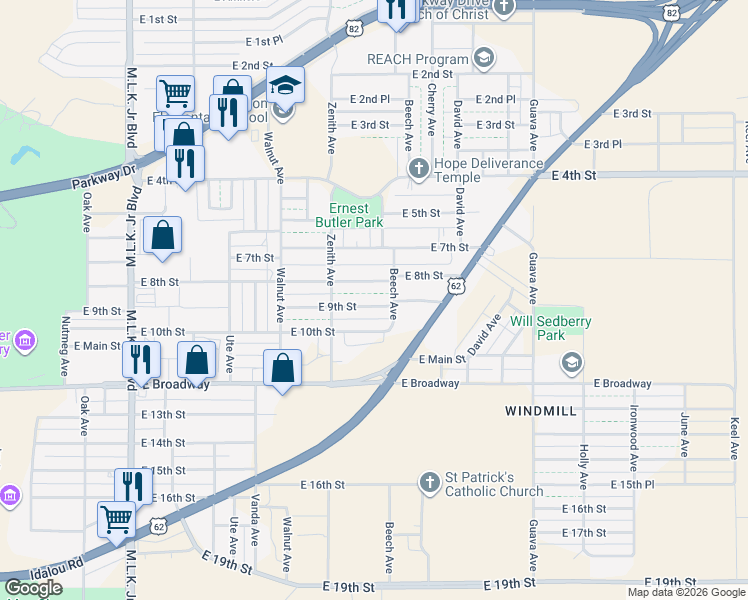 map of restaurants, bars, coffee shops, grocery stores, and more near 2719 East 9th Street in Lubbock