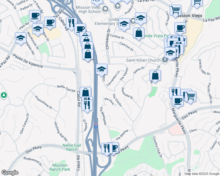 map of restaurants, bars, coffee shops, grocery stores, and more near 25822 Chrisanta Drive in Mission Viejo