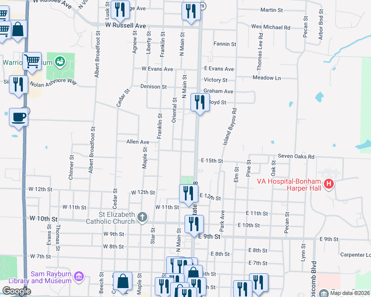 map of restaurants, bars, coffee shops, grocery stores, and more near 103 East 15th Street in Bonham
