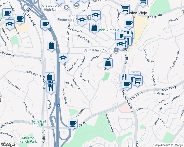 map of restaurants, bars, coffee shops, grocery stores, and more near 25811 Jamon Lane in Mission Viejo