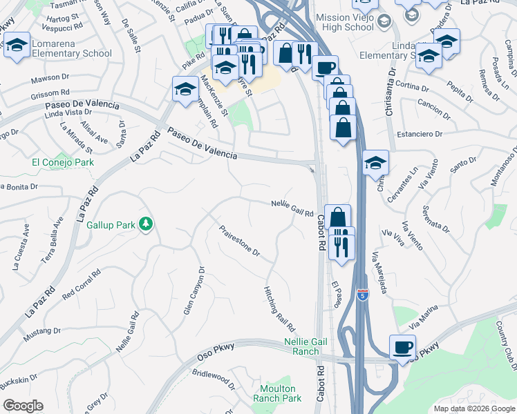 map of restaurants, bars, coffee shops, grocery stores, and more near 25902 Nellie Gail Road in Laguna Hills
