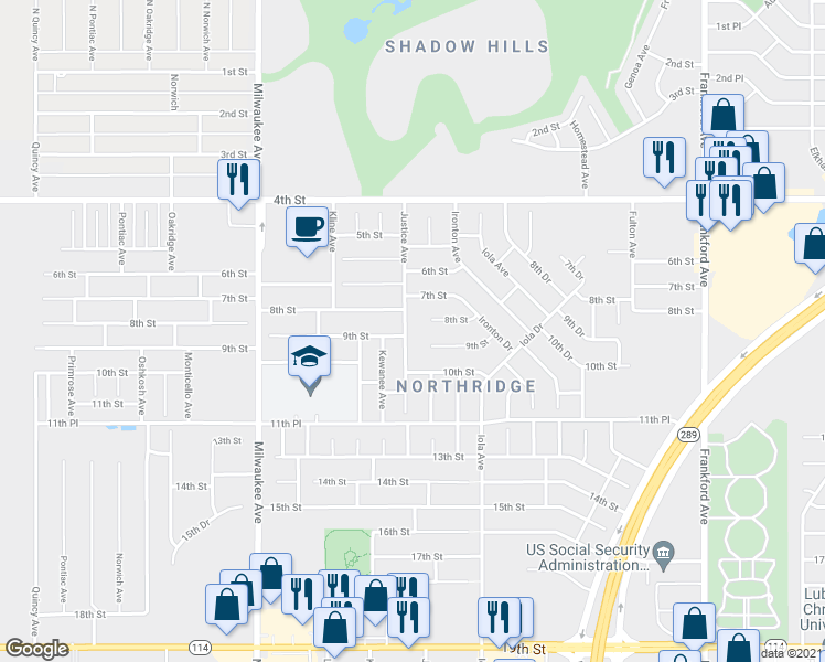 map of restaurants, bars, coffee shops, grocery stores, and more near 807 Justice Avenue in Lubbock