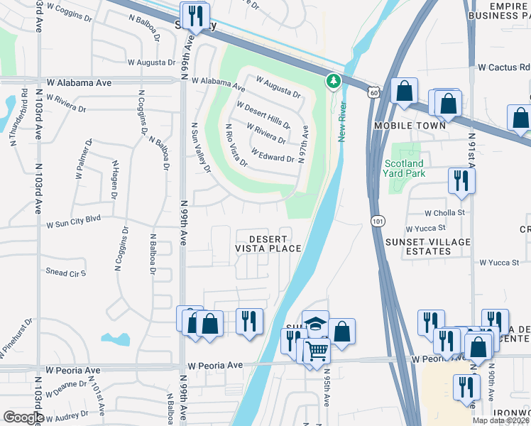map of restaurants, bars, coffee shops, grocery stores, and more near 11407 North Arbor Court in Sun City