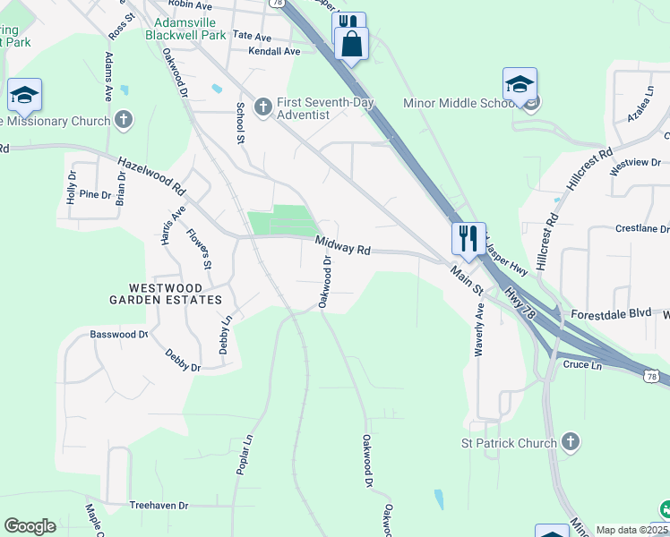 map of restaurants, bars, coffee shops, grocery stores, and more near 3816 Oakwood Drive in Adamsville