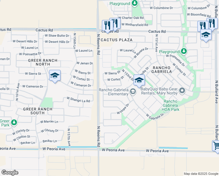 map of restaurants, bars, coffee shops, grocery stores, and more near 15457 West Cameron Drive in Surprise