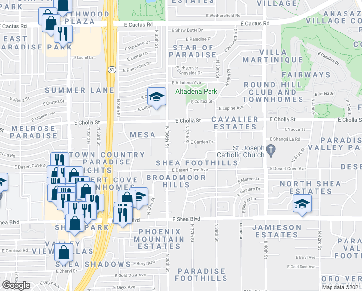 map of restaurants, bars, coffee shops, grocery stores, and more near 3631 East Garden Drive in Phoenix