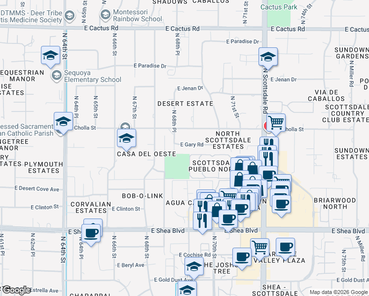 map of restaurants, bars, coffee shops, grocery stores, and more near 6859 East Gary Road in Scottsdale