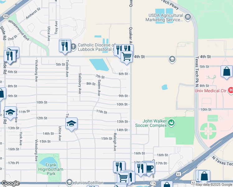 map of restaurants, bars, coffee shops, grocery stores, and more near 4504 9th St in Lubbock