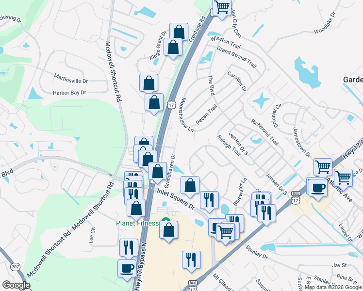 map of restaurants, bars, coffee shops, grocery stores, and more near 11945 Grandhaven Drive in Murrells Inlet