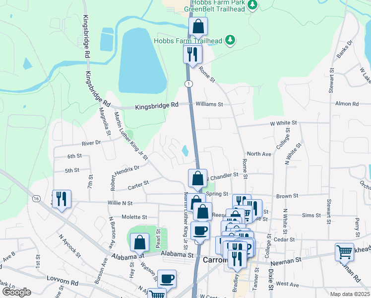 map of restaurants, bars, coffee shops, grocery stores, and more near 702 North Park Street in Carrollton