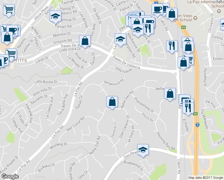 map of restaurants, bars, coffee shops, grocery stores, and more near 25572 Rangewood Road in Laguna Hills