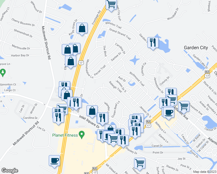 map of restaurants, bars, coffee shops, grocery stores, and more near 78 Offshore Drive in Murrells Inlet