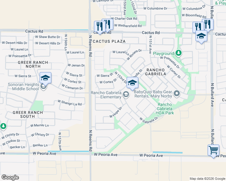 map of restaurants, bars, coffee shops, grocery stores, and more near 15417 West Cameron Circle in Surprise
