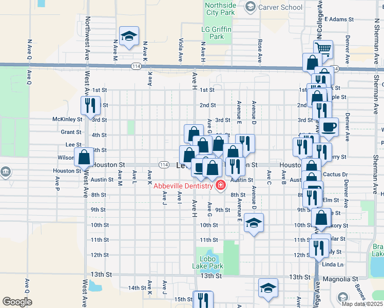 map of restaurants, bars, coffee shops, grocery stores, and more near 506 Avenue H in Levelland