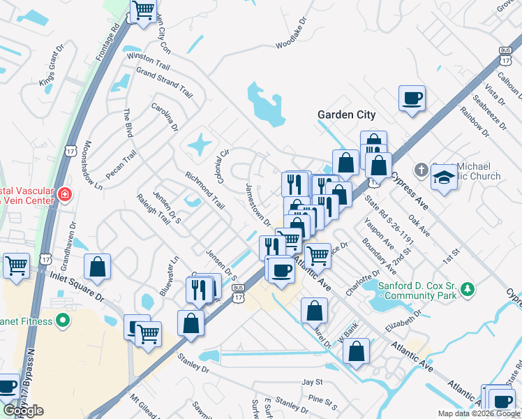 map of restaurants, bars, coffee shops, grocery stores, and more near 702 Courtney Court in Murrells Inlet