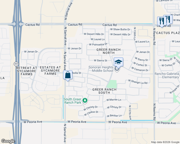 map of restaurants, bars, coffee shops, grocery stores, and more near 16091 West Cameron Drive in Surprise