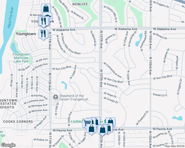 map of restaurants, bars, coffee shops, grocery stores, and more near 10736 West Sun City Boulevard in Sun City