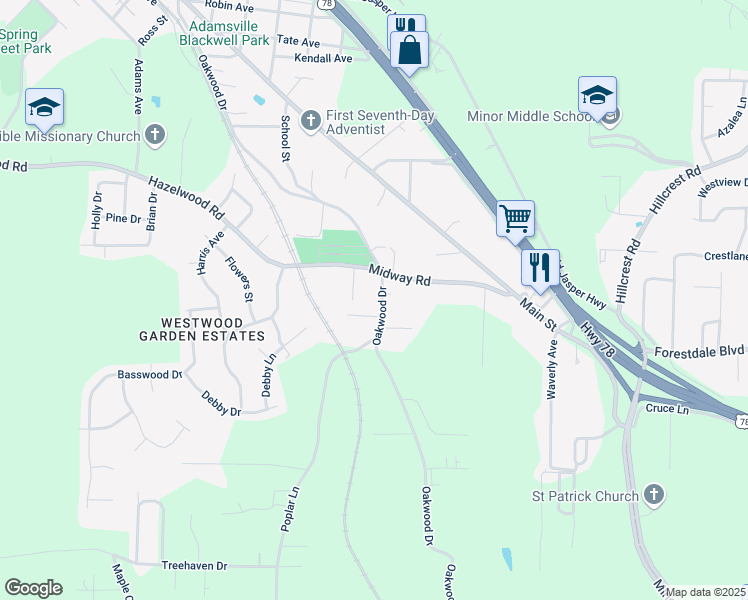 map of restaurants, bars, coffee shops, grocery stores, and more near 3816 Oakwood Drive in Adamsville