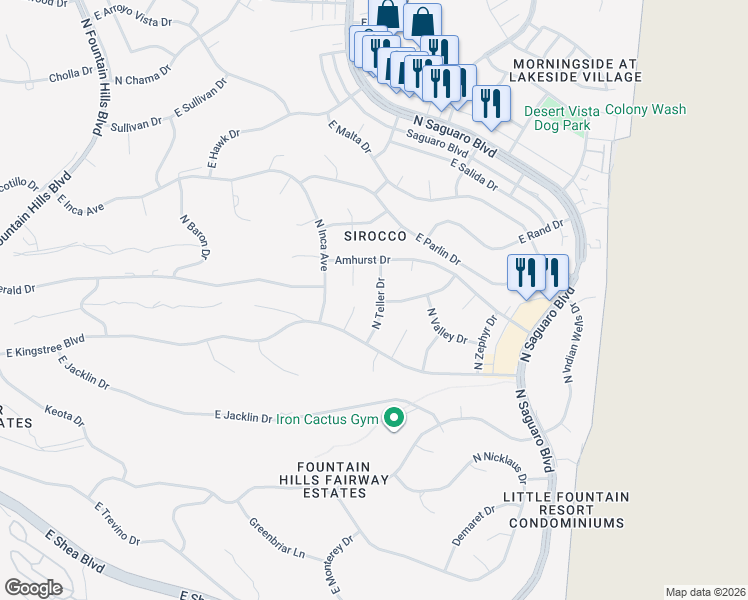 map of restaurants, bars, coffee shops, grocery stores, and more near 11206 North Teller Drive in Fountain Hills