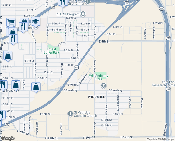 map of restaurants, bars, coffee shops, grocery stores, and more near 3205 East 8th Street in Lubbock