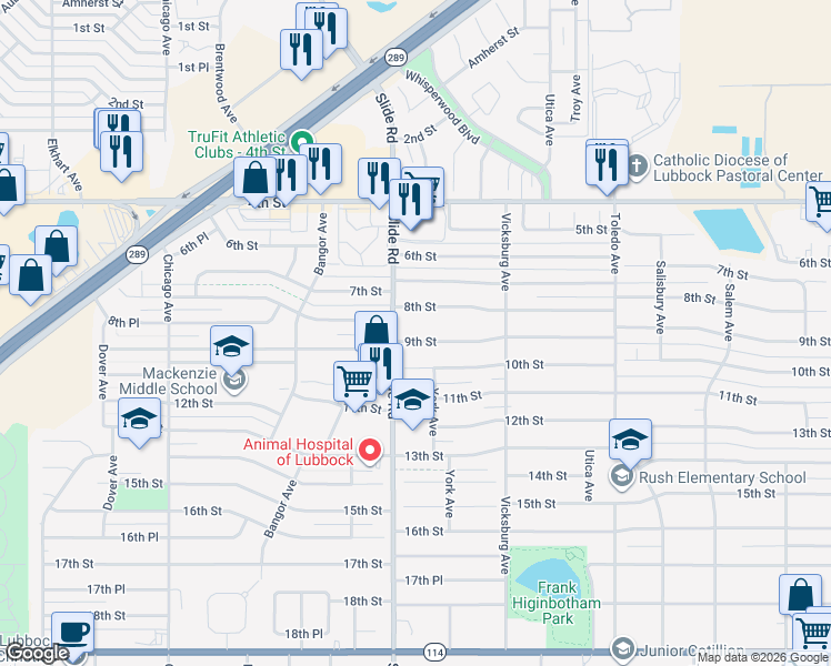 map of restaurants, bars, coffee shops, grocery stores, and more near 4936 9th Street in Lubbock