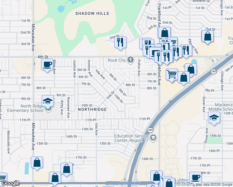 map of restaurants, bars, coffee shops, grocery stores, and more near 5929 10th Drive in Lubbock