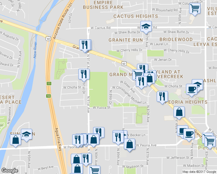 map of restaurants, bars, coffee shops, grocery stores, and more near 11411 North 91st Avenue in Peoria