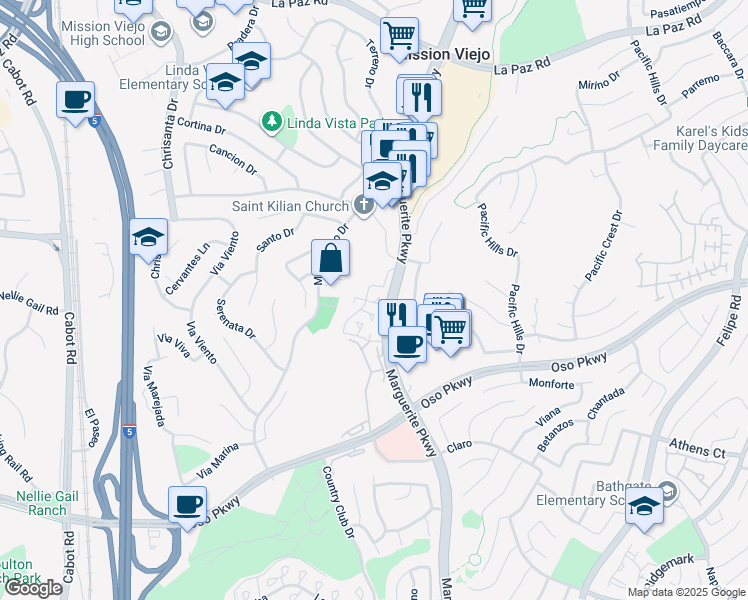 map of restaurants, bars, coffee shops, grocery stores, and more near 25801 Marguerite Parkway in Mission Viejo