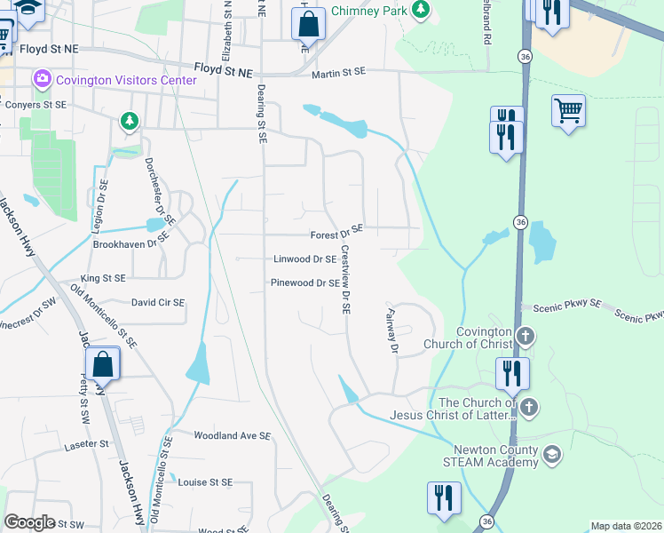 map of restaurants, bars, coffee shops, grocery stores, and more near 6200 Linwood Drive Southeast in Covington