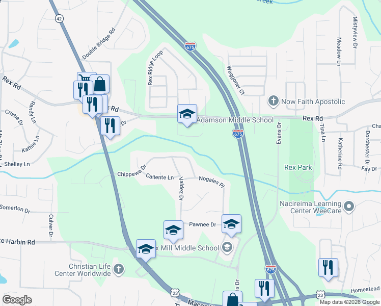 map of restaurants, bars, coffee shops, grocery stores, and more near 3176 Chippewa Drive in Rex