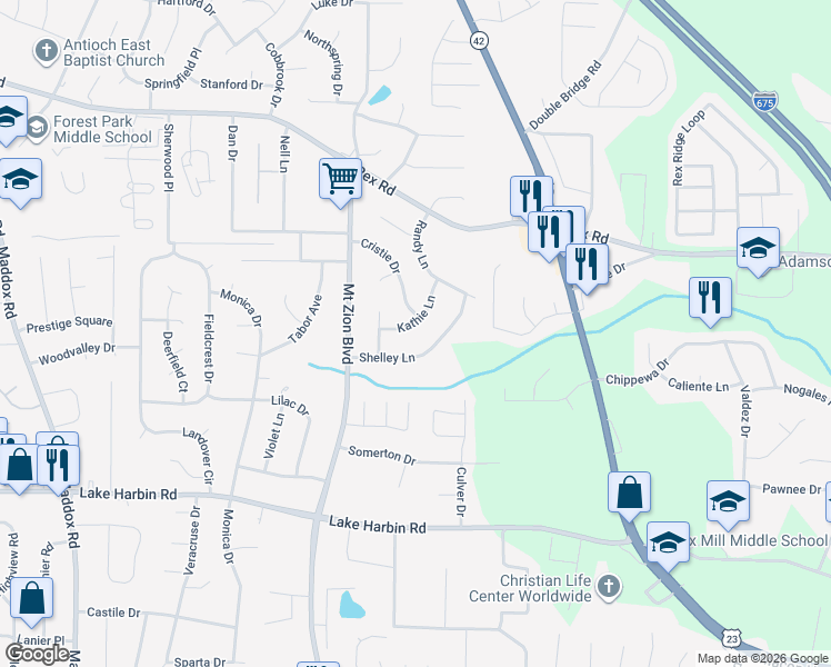 map of restaurants, bars, coffee shops, grocery stores, and more near 2767 Kathie Lane in Ellenwood