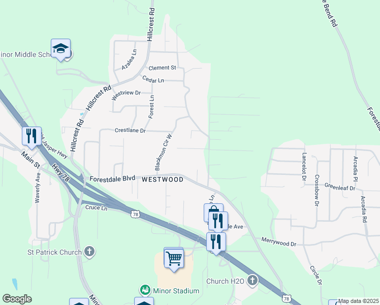 map of restaurants, bars, coffee shops, grocery stores, and more near 2716 Margaret Lane in Adamsville