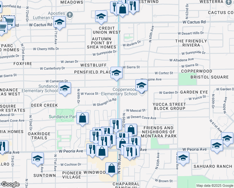 map of restaurants, bars, coffee shops, grocery stores, and more near 11219 North 67th Drive in Peoria