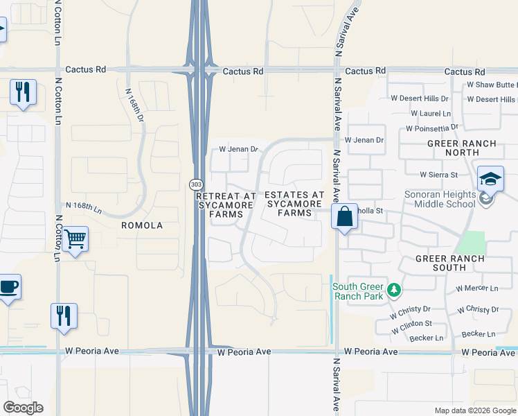 map of restaurants, bars, coffee shops, grocery stores, and more near 11420 North 165th Avenue in Surprise