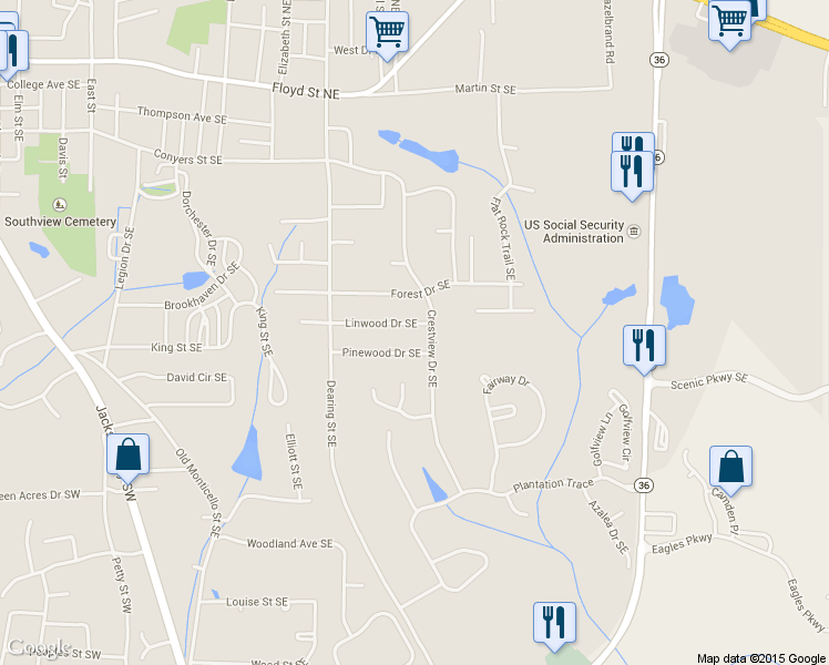 map of restaurants, bars, coffee shops, grocery stores, and more near 6200 Linwood Dr SE in Covington