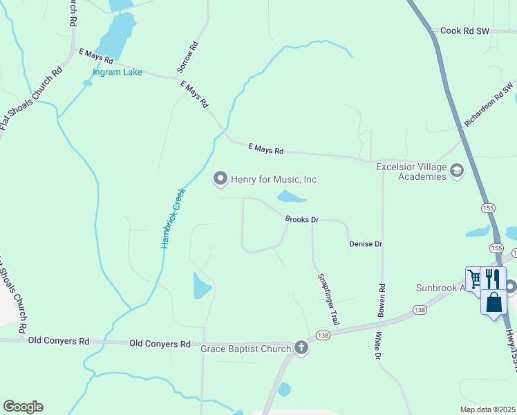 map of restaurants, bars, coffee shops, grocery stores, and more near 215 Brooks Drive in Stockbridge