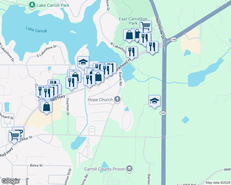 map of restaurants, bars, coffee shops, grocery stores, and more near 109 Shannon Drive in Carrollton