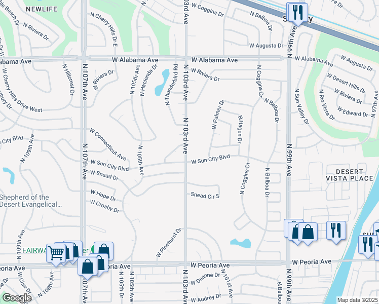 map of restaurants, bars, coffee shops, grocery stores, and more near 11411 North 103rd Avenue in Sun City